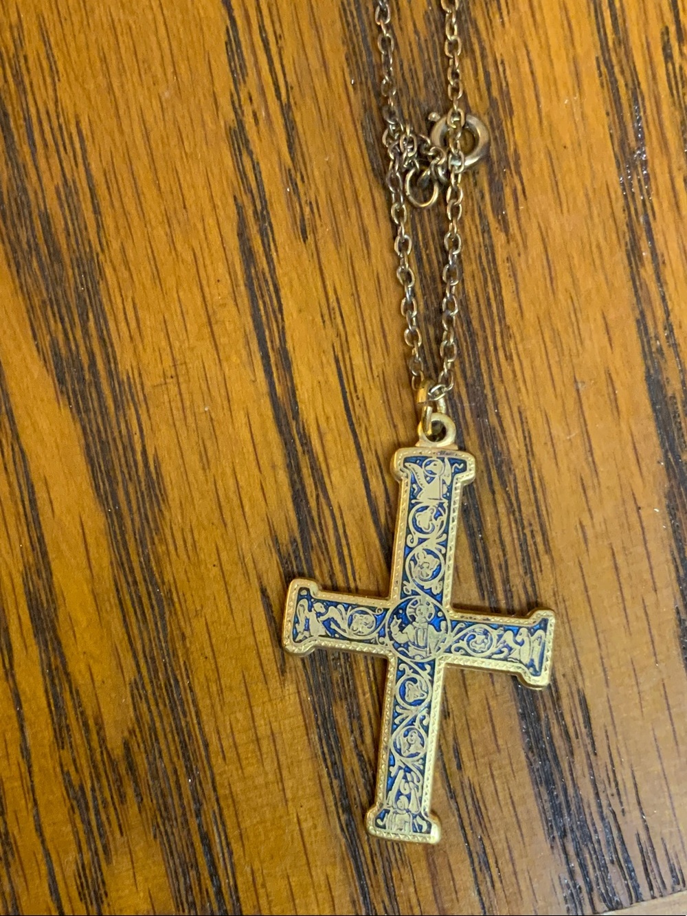 Gold and Blue Filigree Cross Pendant Necklace